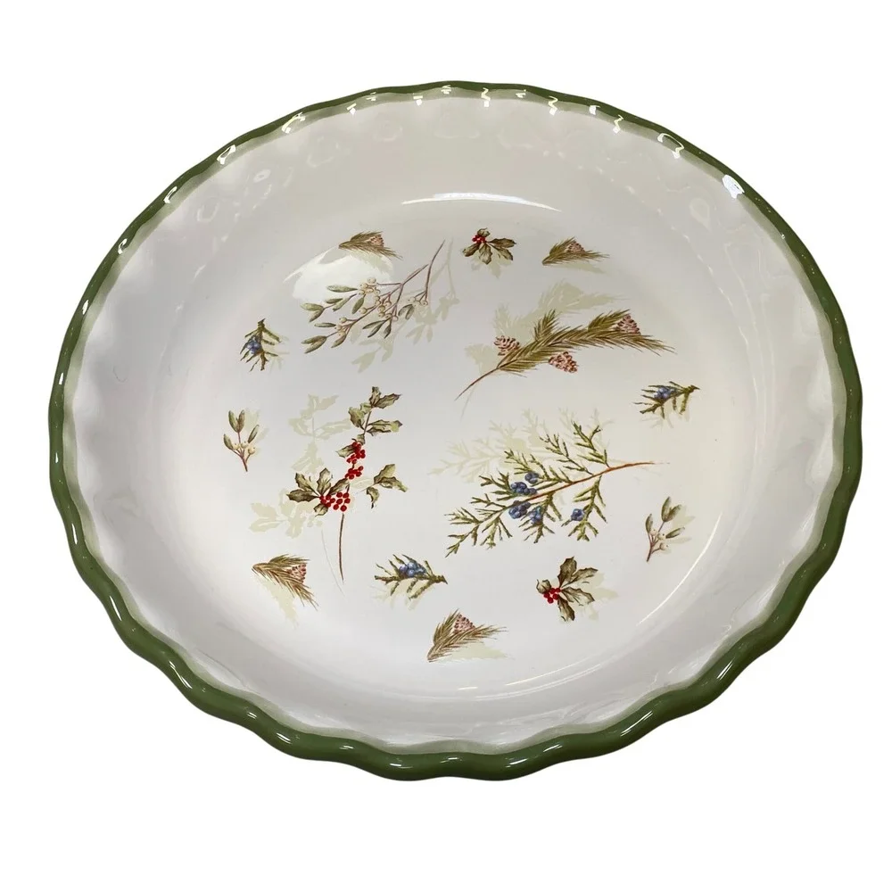 Sonoma Holly Greens Ceramic Pie Dish 10.5 Inch Scalloped Rim Holiday Bakeware